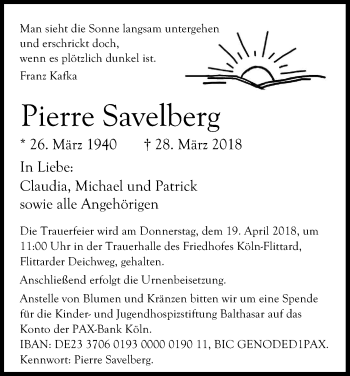 Anzeige von Pierre Savelberg von Kölner Stadt-Anzeiger / Kölnische Rundschau / Express
