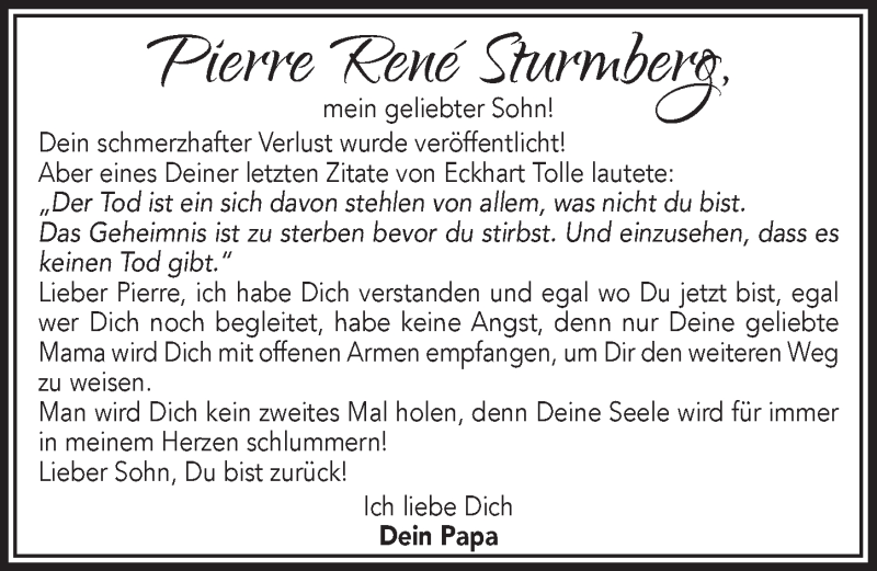  Traueranzeige für Pierre Rene Sturmberg vom 14.04.2018 aus  Bergisches Sonntagsblatt 