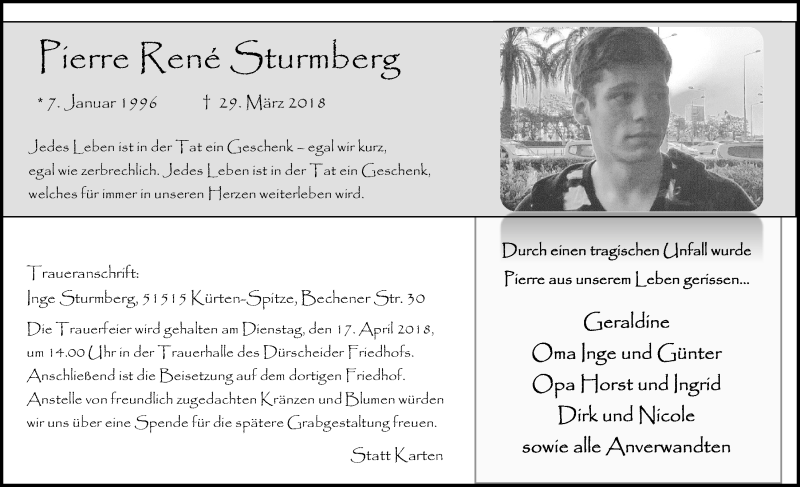  Traueranzeige für Pierre René Sturmberg vom 11.04.2018 aus  Bergisches Handelsblatt 