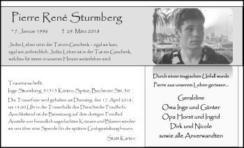 Anzeige von Pierre René Sturmberg von  Bergisches Handelsblatt 