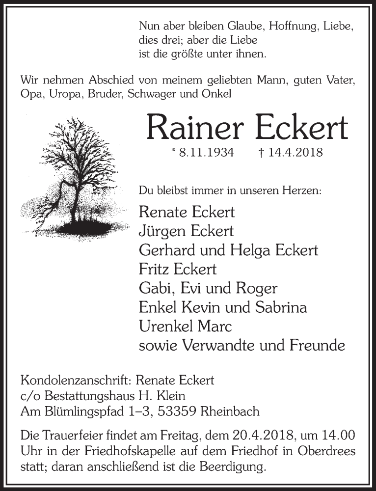  Traueranzeige für Rainer Eckert vom 18.04.2018 aus  Schaufenster/Blickpunkt 