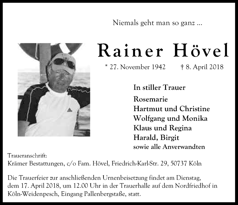  Traueranzeige für Rainer Hövel vom 14.04.2018 aus Kölner Stadt-Anzeiger / Kölnische Rundschau / Express