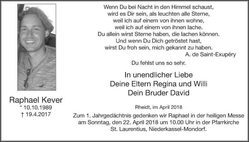 Traueranzeige für Raphael Kever vom 18.04.2018 aus  Extra Blatt 