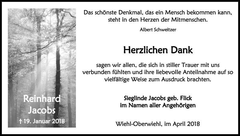  Traueranzeige für Reinhard Jacobs vom 18.04.2018 aus Kölner Stadt-Anzeiger / Kölnische Rundschau / Express