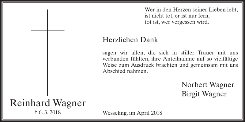  Traueranzeige für Reinhard Wagner vom 04.04.2018 aus  Schlossbote/Werbekurier 