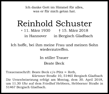 Anzeige von Reinhold Schuster von Kölner Stadt-Anzeiger / Kölnische Rundschau / Express