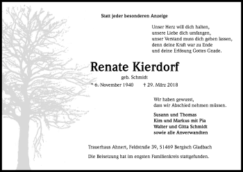 Anzeige von Renate Kierdorf von Kölner Stadt-Anzeiger / Kölnische Rundschau / Express