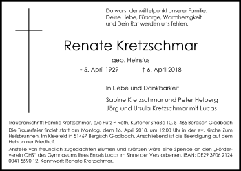 Anzeige von Renate Kretzschmar von Kölner Stadt-Anzeiger / Kölnische Rundschau / Express