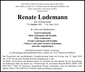 Anzeige von Renate Ludemann von Kölner Stadt-Anzeiger / Kölnische Rundschau / Express