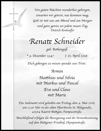 Anzeige von Renate Schneider von Kölner Stadt-Anzeiger / Kölnische Rundschau / Express