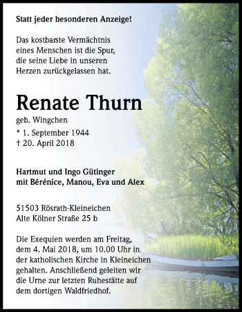 Anzeige von Renate Thurn von Kölner Stadt-Anzeiger / Kölnische Rundschau / Express