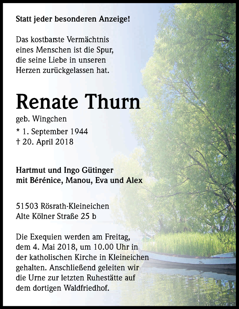  Traueranzeige für Renate Thurn vom 28.04.2018 aus Kölner Stadt-Anzeiger / Kölnische Rundschau / Express