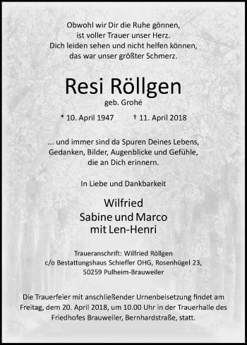 Anzeige von Resi Röllgen von Kölner Stadt-Anzeiger / Kölnische Rundschau / Express