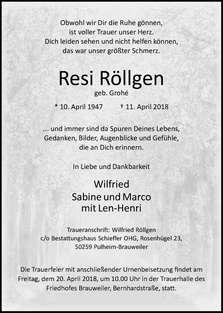  Traueranzeige für Resi Röllgen vom 18.04.2018 aus Kölner Stadt-Anzeiger / Kölnische Rundschau / Express