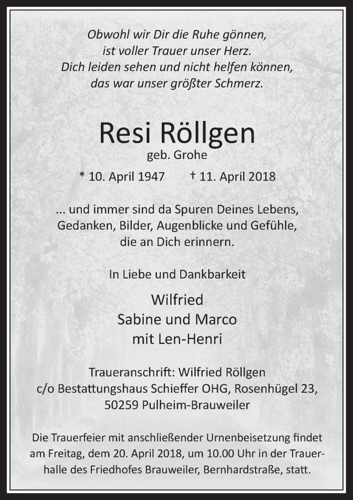  Traueranzeige für Resi Röllgen vom 18.04.2018 aus  Wochenende 