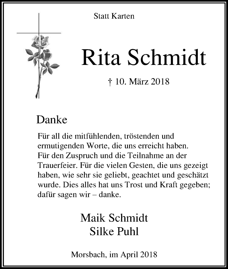  Traueranzeige für Rita Schmidt vom 18.04.2018 aus Kölner Stadt-Anzeiger / Kölnische Rundschau / Express