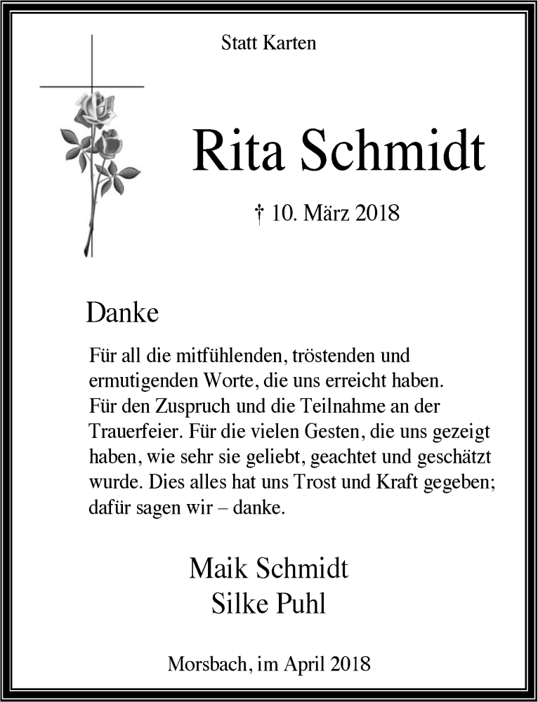  Traueranzeige für Rita Schmidt vom 18.04.2018 aus  Lokalanzeiger 