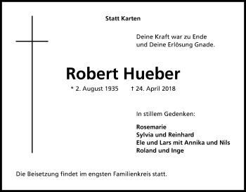 Anzeige von Robert Hueber von Kölner Stadt-Anzeiger / Kölnische Rundschau / Express
