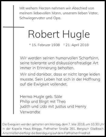 Anzeige von Robert Hugle von Kölner Stadt-Anzeiger / Kölnische Rundschau / Express