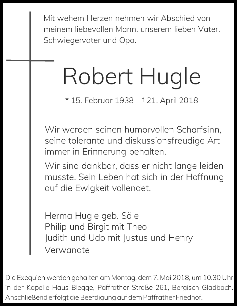  Traueranzeige für Robert Hugle vom 28.04.2018 aus Kölner Stadt-Anzeiger / Kölnische Rundschau / Express