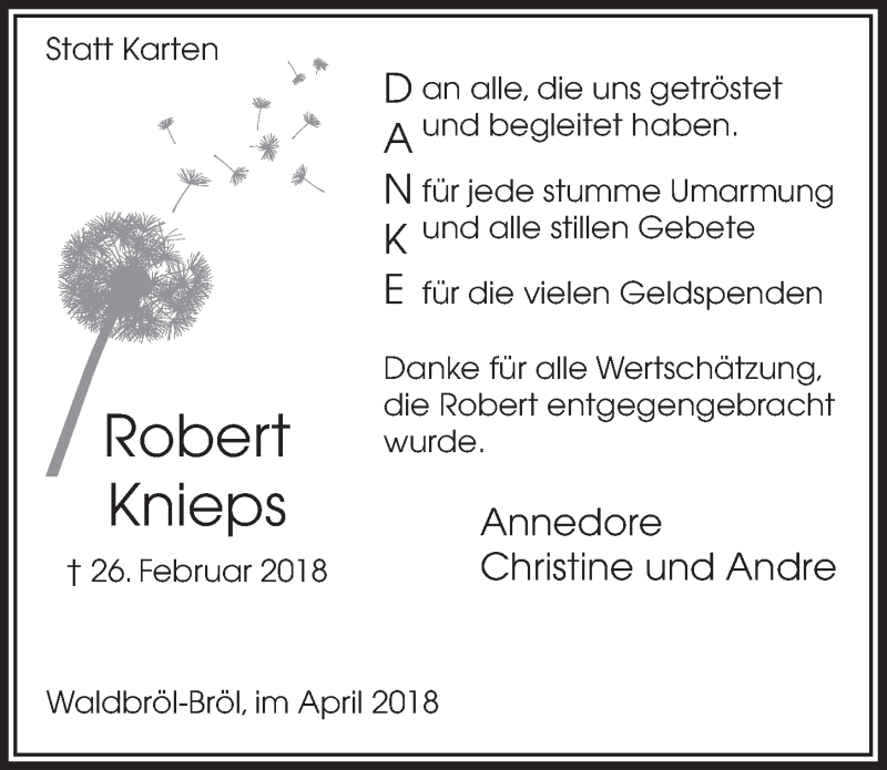  Traueranzeige für Robert Knieps vom 18.04.2018 aus  Lokalanzeiger 