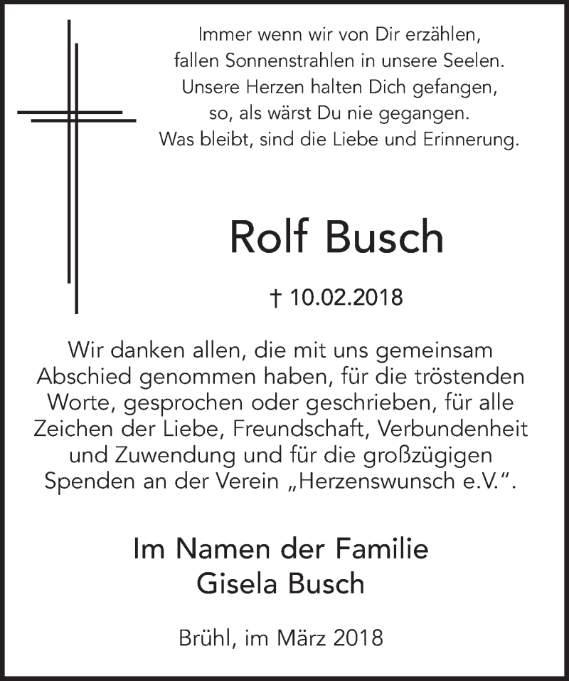  Traueranzeige für Rolf Busch vom 25.04.2018 aus  Schlossbote/Werbekurier 