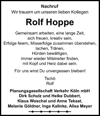 Anzeige von Rolf Hoppe von Kölner Stadt-Anzeiger / Kölnische Rundschau / Express