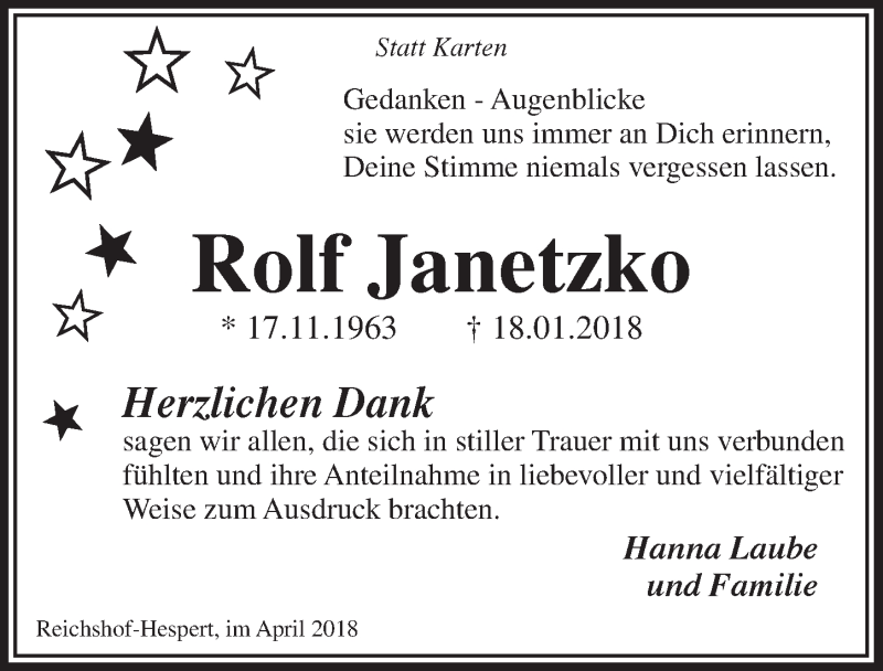  Traueranzeige für Rolf Janetzko vom 04.04.2018 aus  Anzeigen Echo 