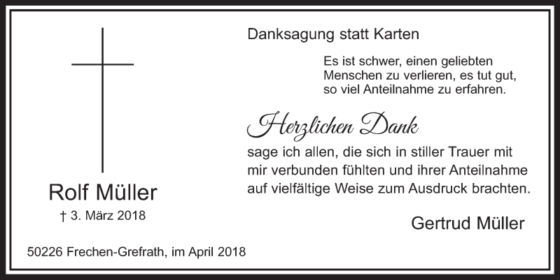  Traueranzeige für Rolf Müller vom 14.04.2018 aus  Sonntags-Post 