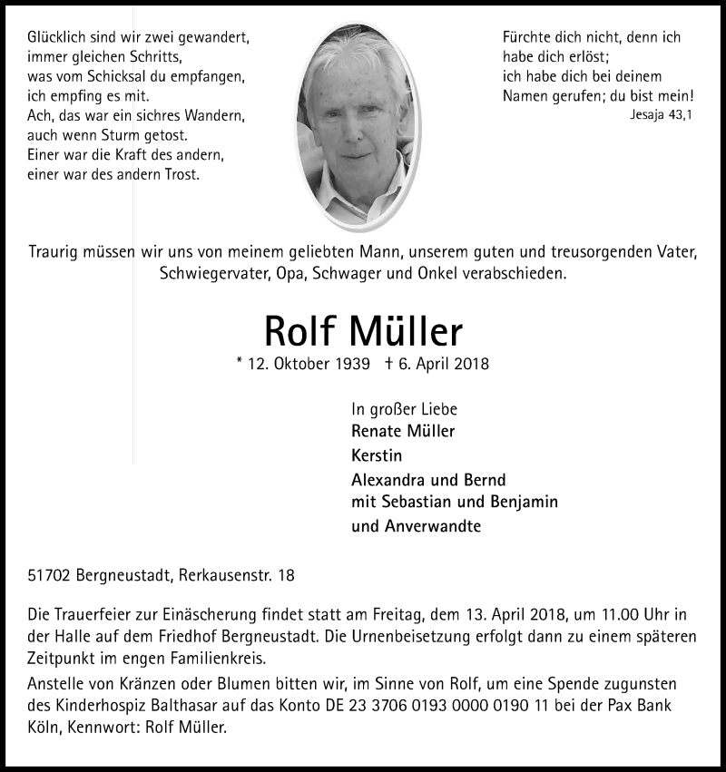 Traueranzeige für Rolf Müller vom 10.04.2018 aus Kölner Stadt-Anzeiger / Kölnische Rundschau / Express