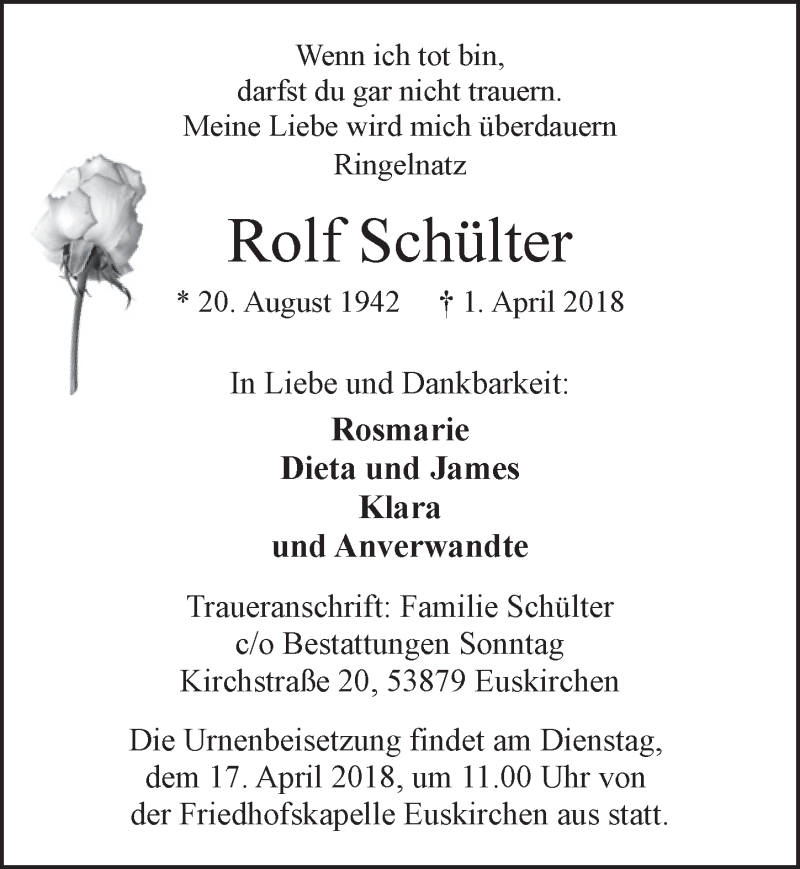  Traueranzeige für Rolf Schülter vom 14.04.2018 aus  Blickpunkt Euskirchen 