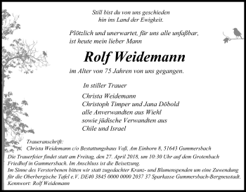 Anzeige von Rolf Weidemann von Kölner Stadt-Anzeiger / Kölnische Rundschau / Express