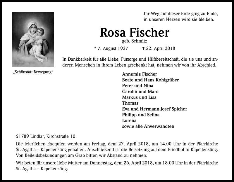  Traueranzeige für Rosa Fischer vom 25.04.2018 aus Kölner Stadt-Anzeiger / Kölnische Rundschau / Express