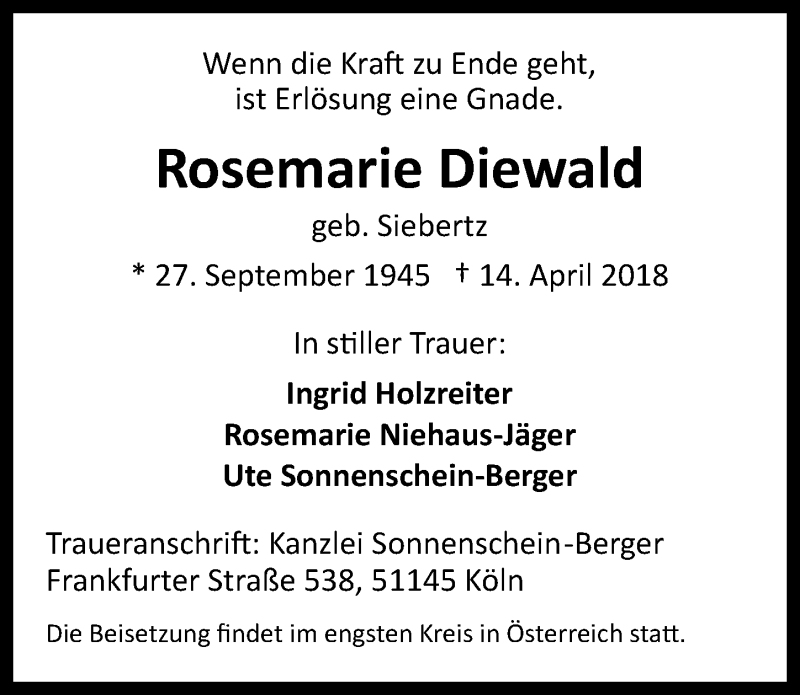  Traueranzeige für Rosemarie Diewald vom 18.04.2018 aus  Kölner Wochenspiegel 