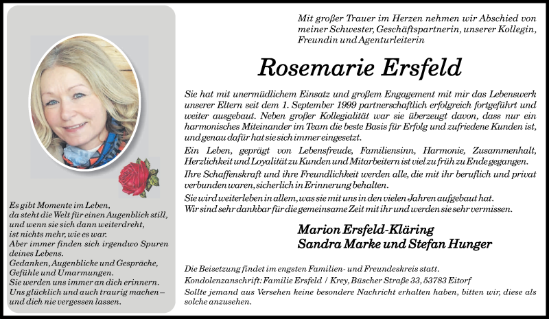  Traueranzeige für Rosemarie Ersfeld vom 14.04.2018 aus Kölner Stadt-Anzeiger / Kölnische Rundschau / Express