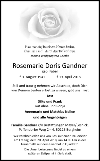 Anzeige von Rosemarie Doris Gandner von Kölner Stadt-Anzeiger / Kölnische Rundschau / Express