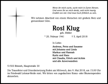 Anzeige von Rosl Klug von Kölner Stadt-Anzeiger / Kölnische Rundschau / Express
