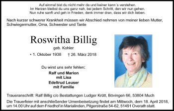 Anzeige von Roswitha Billig von Kölner Stadt-Anzeiger / Kölnische Rundschau / Express