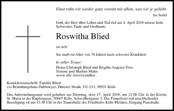 Anzeige von Roswitha Blied von Kölner Stadt-Anzeiger / Kölnische Rundschau / Express