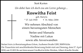 Anzeige von Roswitha Feist von Kölner Stadt-Anzeiger / Kölnische Rundschau / Express
