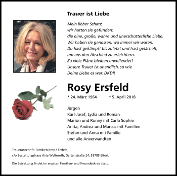 Anzeige von Rosy Ersfeld von Kölner Stadt-Anzeiger / Kölnische Rundschau / Express