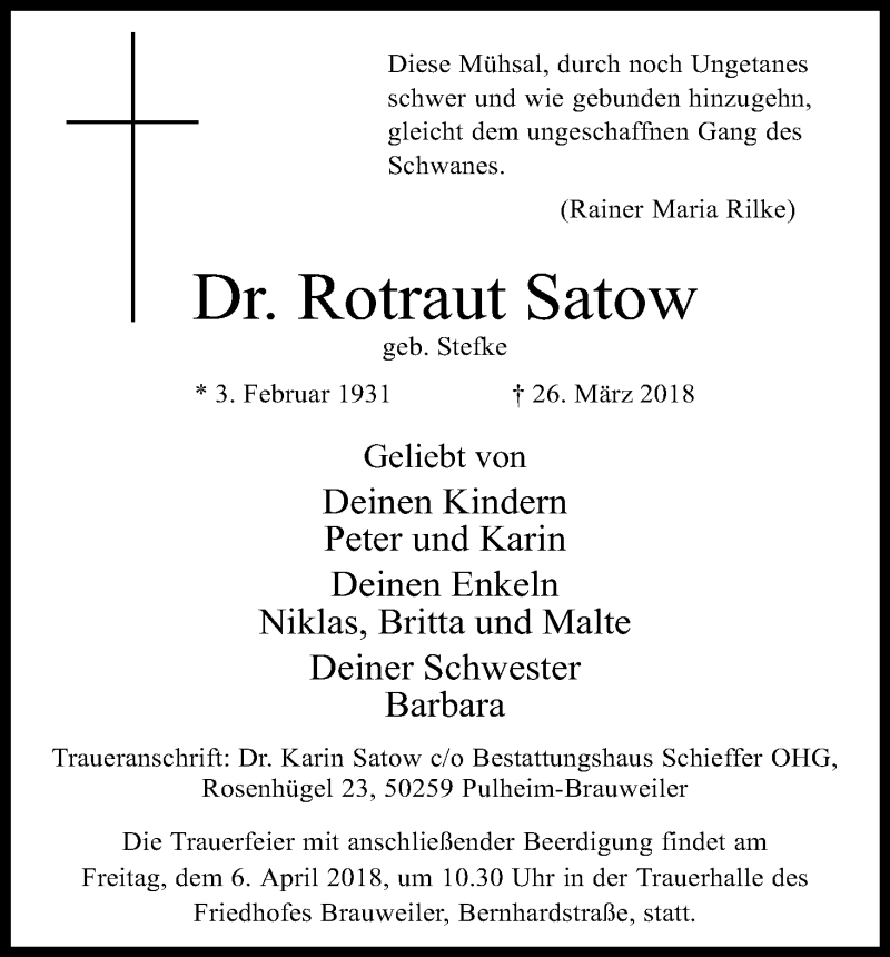  Traueranzeige für Rotraut  Satow vom 05.04.2018 aus Kölner Stadt-Anzeiger / Kölnische Rundschau / Express