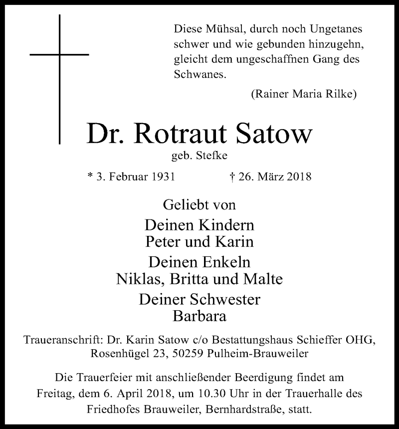  Traueranzeige für Rotraut  Satow vom 04.04.2018 aus Kölner Stadt-Anzeiger / Kölnische Rundschau / Express