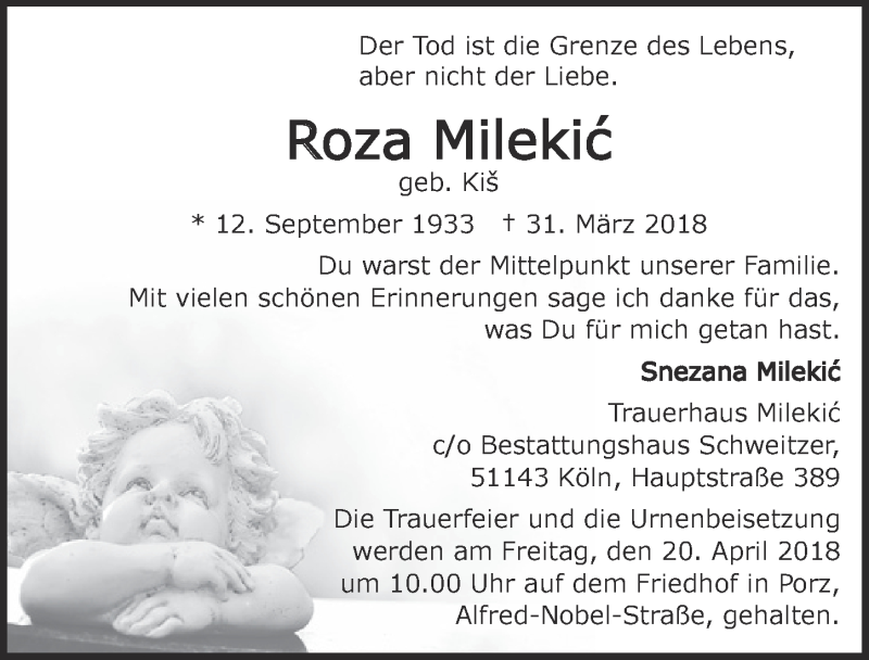  Traueranzeige für Roza Milekic vom 18.04.2018 aus  Kölner Wochenspiegel 