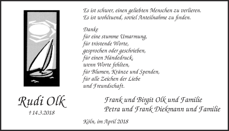  Traueranzeige für Rudi Olk vom 25.04.2018 aus  Kölner Wochenspiegel 