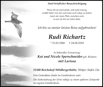 Anzeige von Rudi Richartz von Kölner Stadt-Anzeiger / Kölnische Rundschau / Express