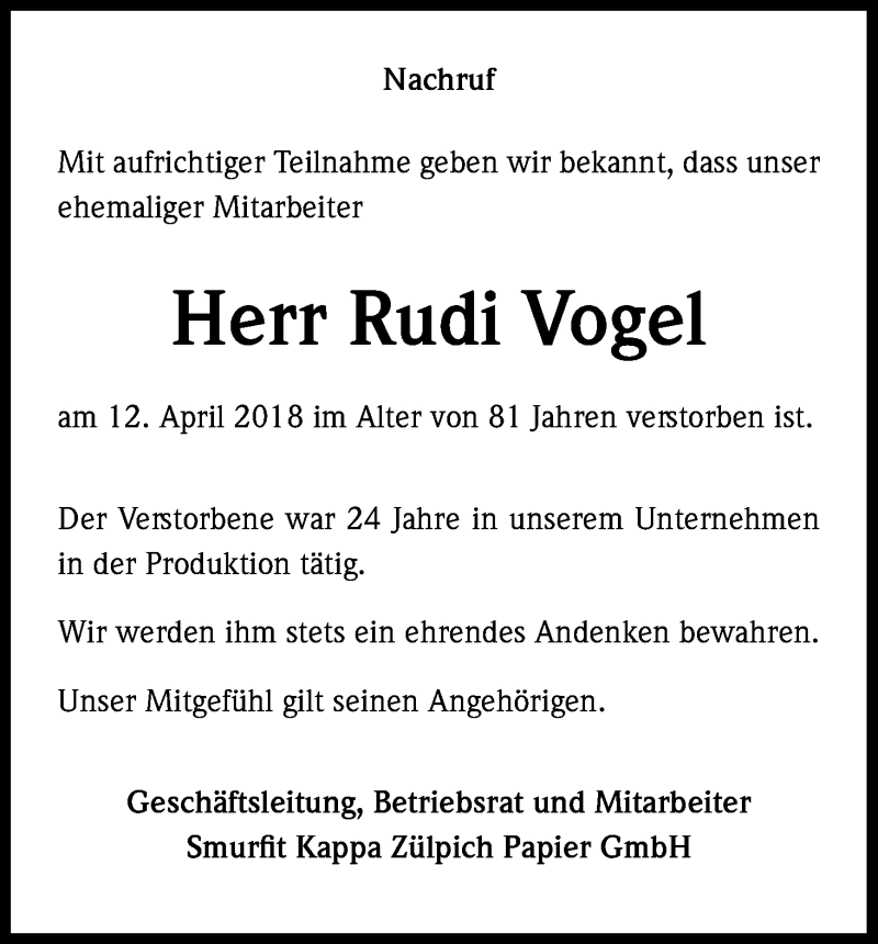  Traueranzeige für Rudi Vogel vom 21.04.2018 aus Kölner Stadt-Anzeiger / Kölnische Rundschau / Express