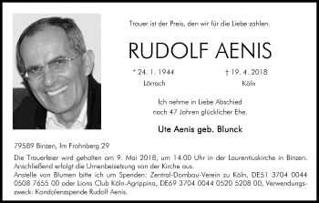 Anzeige von Rudolf Aenis von Kölner Stadt-Anzeiger / Kölnische Rundschau / Express