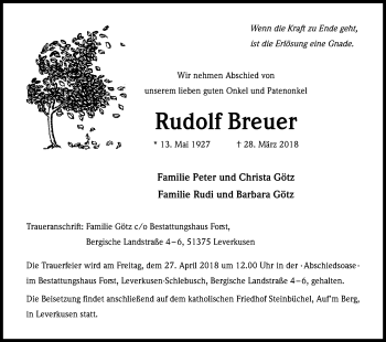 Anzeige von Rudolf Breuer von Kölner Stadt-Anzeiger / Kölnische Rundschau / Express
