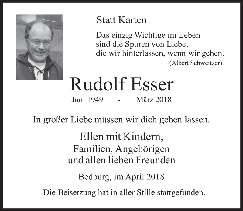  Traueranzeige für Rudolf Esser vom 18.04.2018 aus  Werbepost 